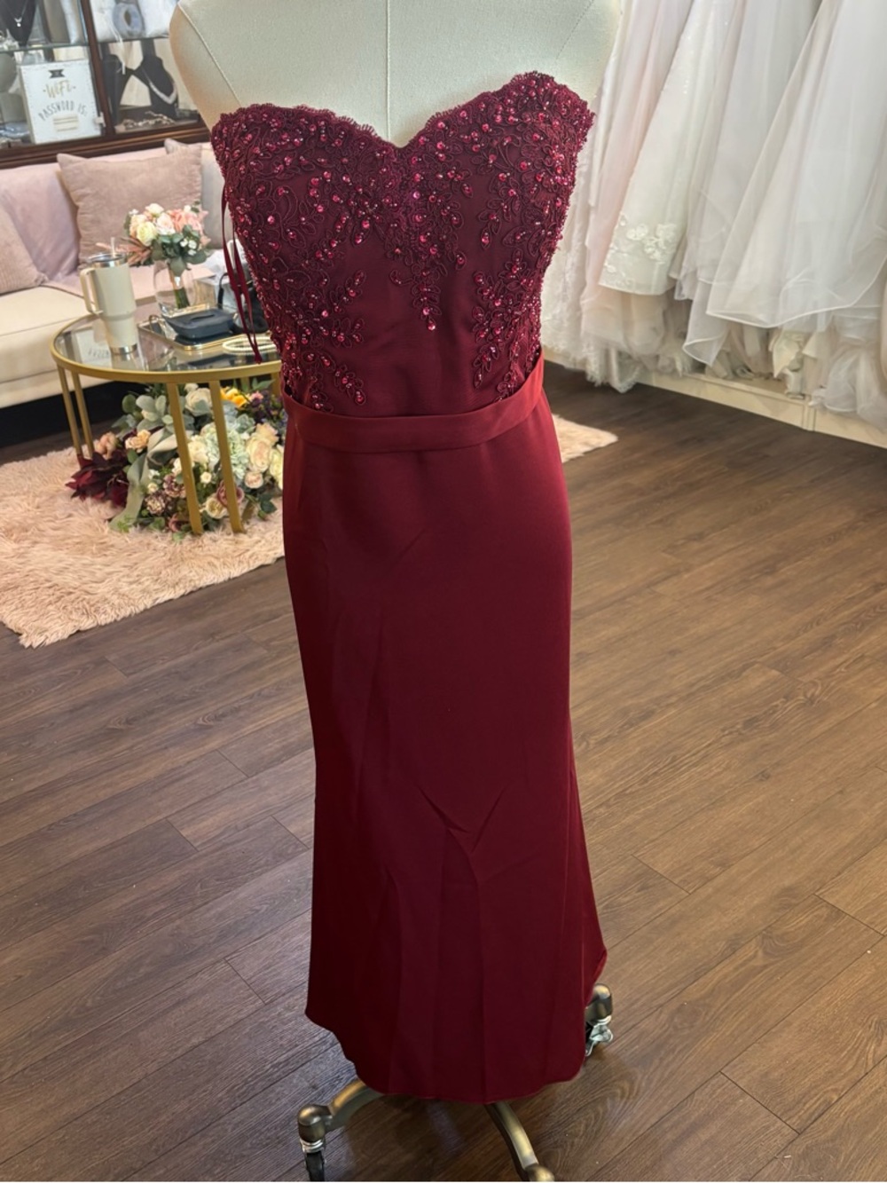 Strapless Burgundy Beaded Fit-and-Flare Dress
